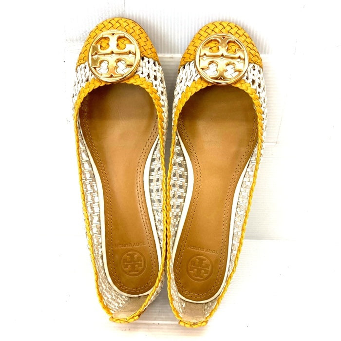 TORY BURCH トリーバーチ レザー編み込み フラットシューズ イエロー ホワイト Size US7 (24cm) 瑞穂店