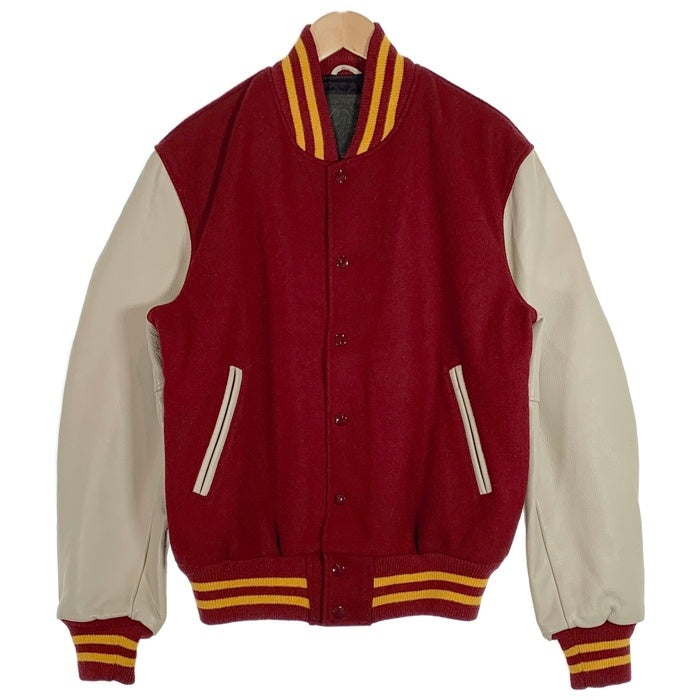 80-90's GOLDEN BEAR ゴールデンベアー 袖レザー ウール スタジアムジャケット スタジャン ボルドー クリーム USA製 Size M 福生店