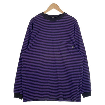 80's STUSSY ステューシー ボーダー ポケット ロングスリーブTシャツ ブラック パープル USA製 黒タグ Size XL 福生店