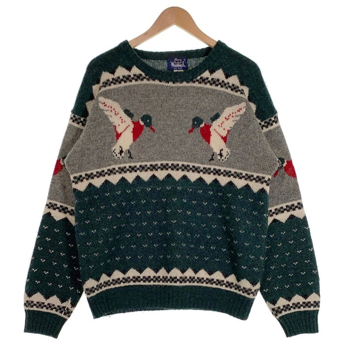 80's WOOLRICH ウールリッチ ノルティック柄 アヒル ニット セーター グリーン グレー Size M 福生店