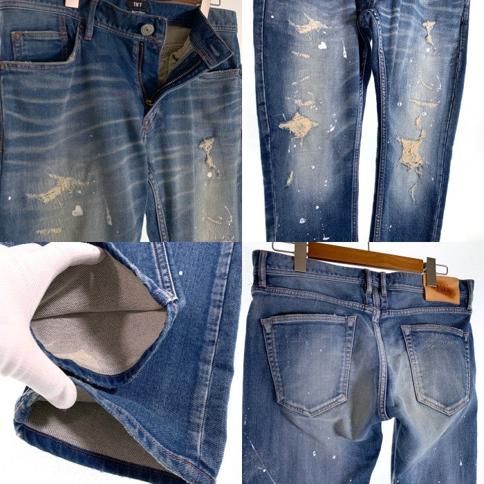 TMT ティーエムティー SWEATLIKE-STRETCH PAINT CRASH DENIM 5P TAPERED スウェットライク ストレッチデニムパンツ ダメージ加工 インディゴ TPT-F1902 Size L 福生店