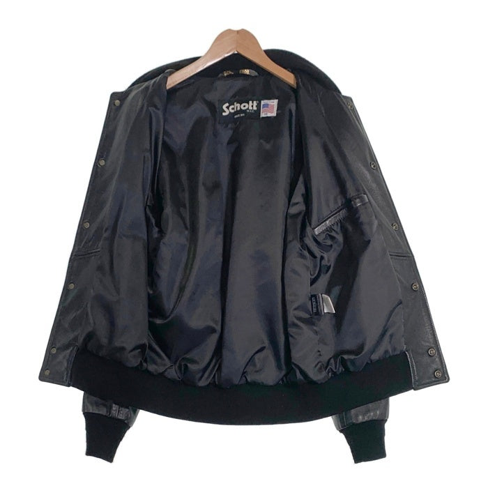 Schott ショット Leather Varsity Jacket  羊革 レザー ヴァーシティー ジャケット ブラック 7571 USA製 Size 38 福生店