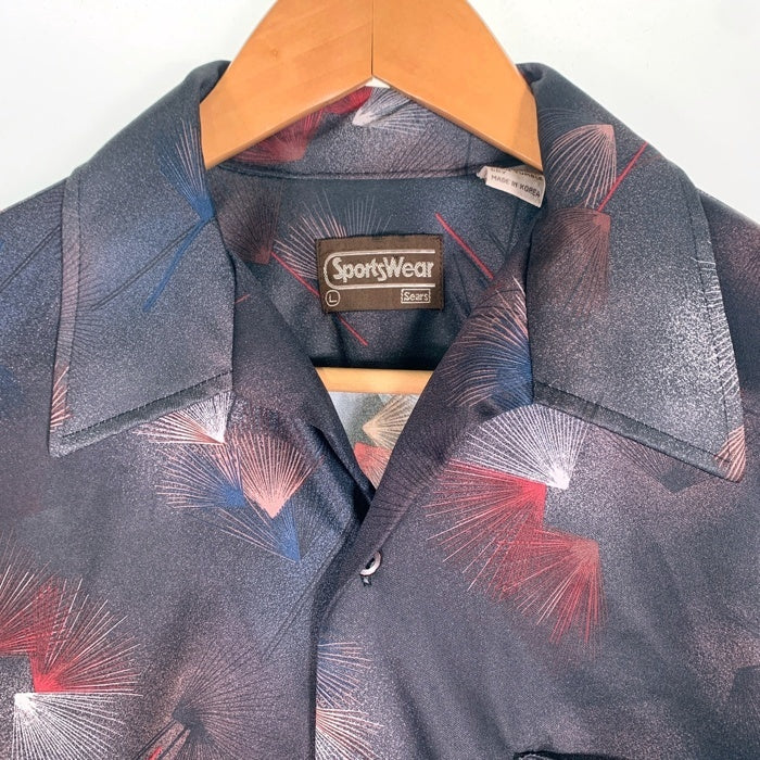 70's Sears シアーズ オープンカラーシャツ 半袖 ポリエステル 総柄プリント ブラック Size L 福生店