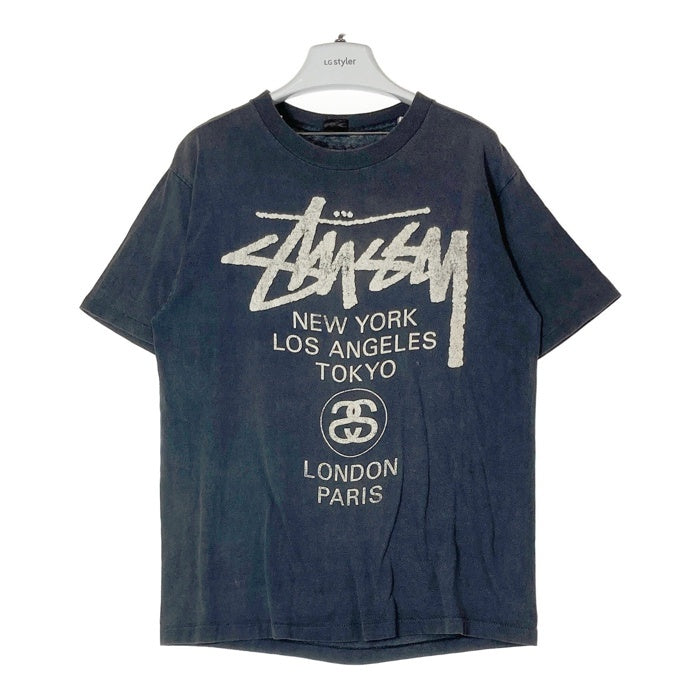 STUSSY ステューシー 80s OLD ヴィンテージ Tシャツ ワールドツアー 光沢黒タグ ネイビー size- 瑞穂店