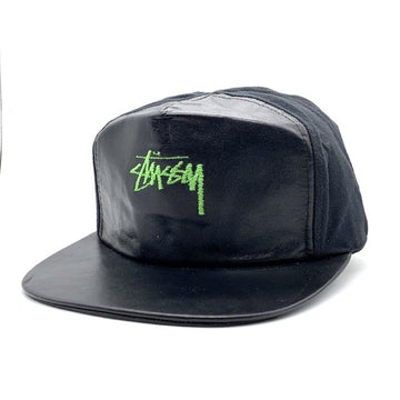 80's~ STUSSY ステューシー ストックロゴ刺繡 レザー チノツイル切替 キャップ 帽子 ブラック オールド 福生店