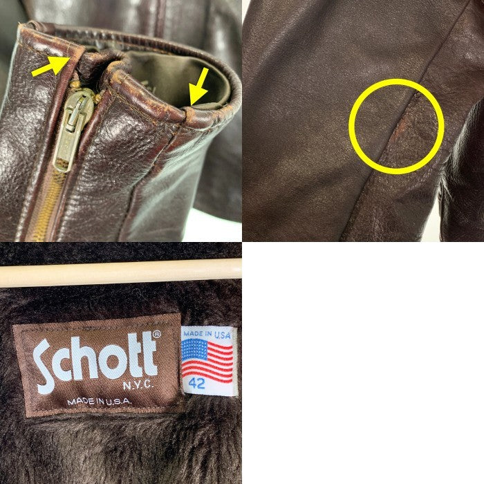 Schott ショット レザーシングルライダースジャケット 襟付 ボアライナー チェリーブラウン 643EVS Size 42 福生店