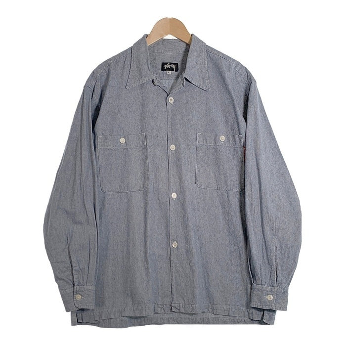 80's STUSSY ステューシー コットンシャツ 長袖 ライトブルー USA製 黒タグ オールド Size L 福生店