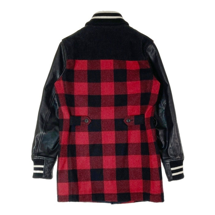 COMME des GARCONS HOMME コムデギャルソンオム HN-C014 AD2014 ショールカラー 袖レザー バッファローチェック ロング スタジャン ブラック レッド sizeXS 瑞穂店