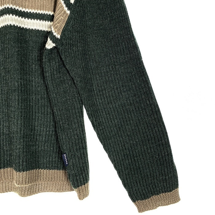 90's STUSSY ステューシー アクリルウール Vネック ボーダーニットセーター グリーン 中国製 紺タグ デッドストック Size L 福生店