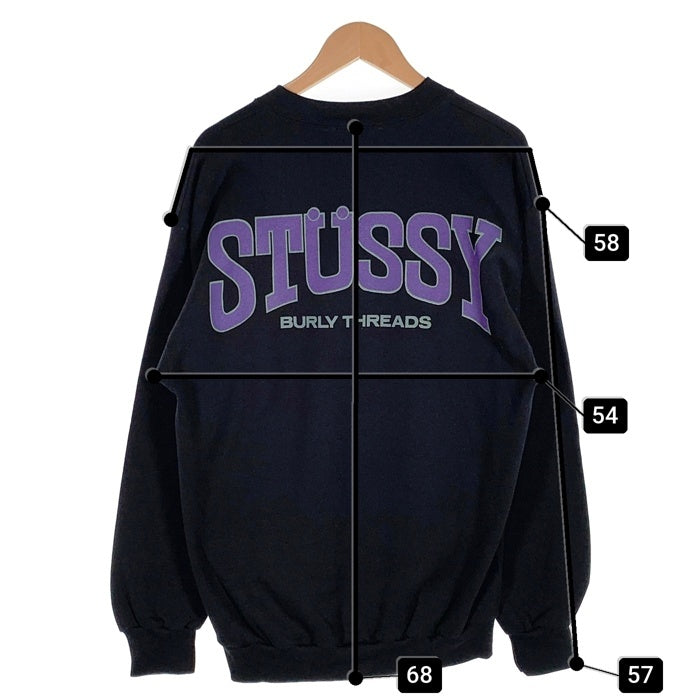 80-90's STUSSY ステューシー BURLY THREADS 両面プリント クルーネックスウェットトレーナー ブラック USA製 オールド Size L 福生店