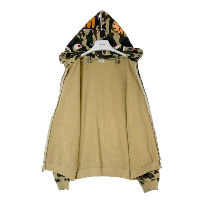 A BATHING APE アベイシングエイプ 初期フランケンタグ TIGER SHARK WIDE FULL ZIP DOUBLE HOODIE タイガー カモ シャーク フルジップパーカー カーキ sizeL 瑞穂店