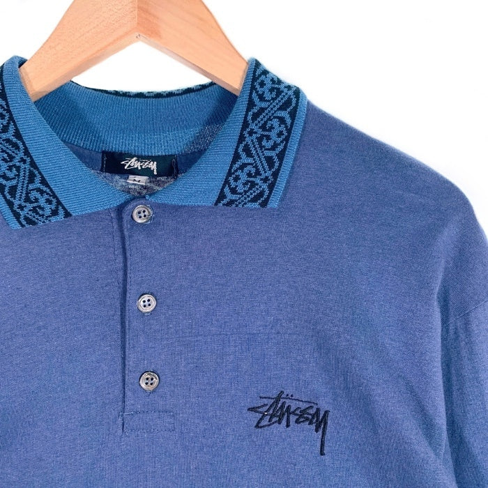 80's STUSSY ステューシー コットン ロングスリーブポロシャツ ネイビー 襟ジャカード USA製 黒タグ Size M 福生店