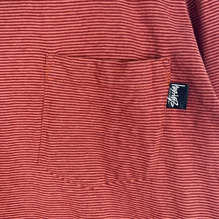 80's STUSSY ステューシー モックネック ボーダーポケットロングスリーブTシャツ レッド USA製 黒タグ Size XL 福生店