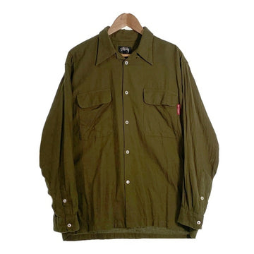 80's STUSSY ステューシー コットン オープンカラーフランネルシャツ 長袖 プレーン オリーブグリーン USA製 黒タグ Size M 福生店