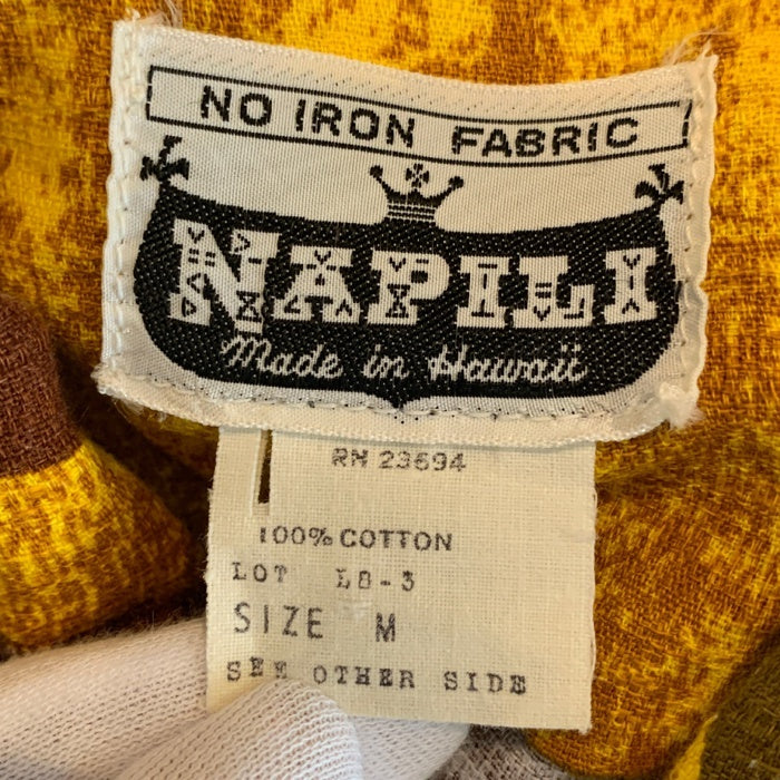 70's NAPILI ナピリ オープンカラーコットンシャツ イエロー 総柄 アロハ Size M 福生店