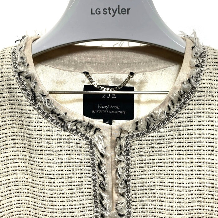 23区 ニジュウサンク ラメツイード ノーカラー ジャケット ホワイト size40 瑞穂店