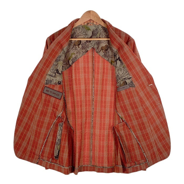 ETRO エトロ シアサッカー 2B テーラードジャケット チェック柄 オレンジ シルク ウール 161-11889-1222 Size 52 福生店