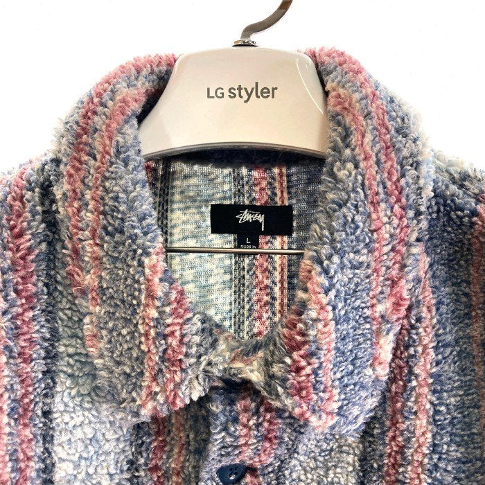 STUSSY ステューシー 1110197 Stripe Sherpa Shirt ストライプ シェルパ フリース ボタンアップ 長袖 シャツ ジャケット ブルー sizeL 瑞穂店