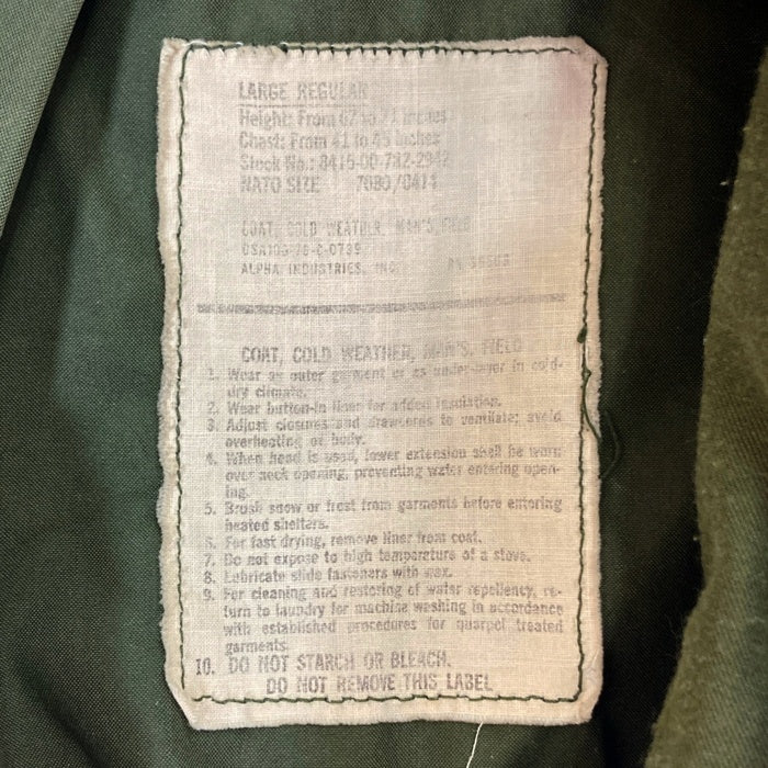 US ARMY アメリカ陸軍 76年会計 ALPHA INDSTRIES アルファインダストリーズ M-65 フィールドジャケット オリーブ sizeL-R 瑞穂店
