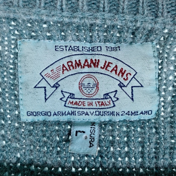ARMANI JEANS アルマーニジーンズ ウール ポリエステル ケーブルニットセーター クルーネック ラグラン グリーン イタリア製 Size L 福生店