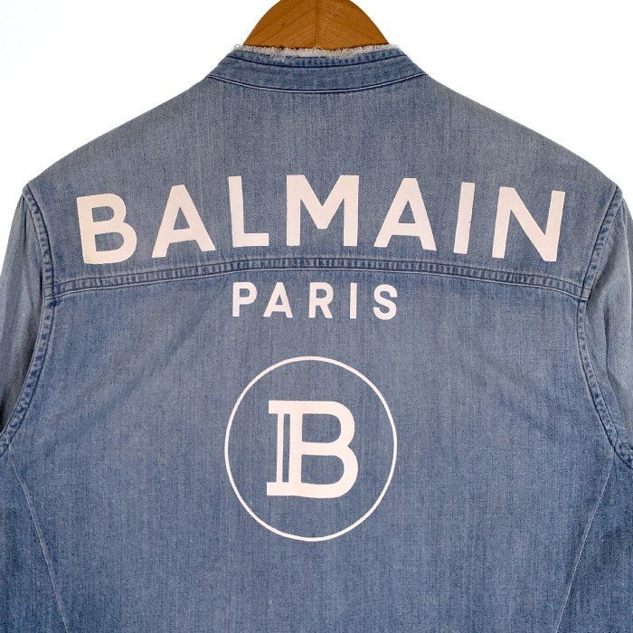 BALMAIN PARIS バルマン バンドカラー デニムシャツ バックプリント ブルー スナップボタン ウォッシュ ダメージ加工 Size 39 福生店