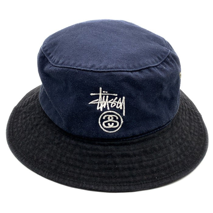 90's STUSSY ステューシー 刺繡ロゴ SS バケットハット ネイビー ブラック Size L/XL 福生店