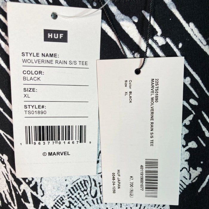 HUF ハフ × MARVEL マーベル コラボ WOLVERINE RAIN 半袖 Tシャツ hufworldwide ウルヴァリン アメコミ 全面プリント ブラック sizeXL 瑞穂店