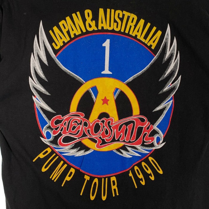 90's AEROSMITH エアロスミス PUMP TOUR 1990 プリントTシャツ ブラック PUSHEAD パスヘッド 袖裾シングル Size L 福生店