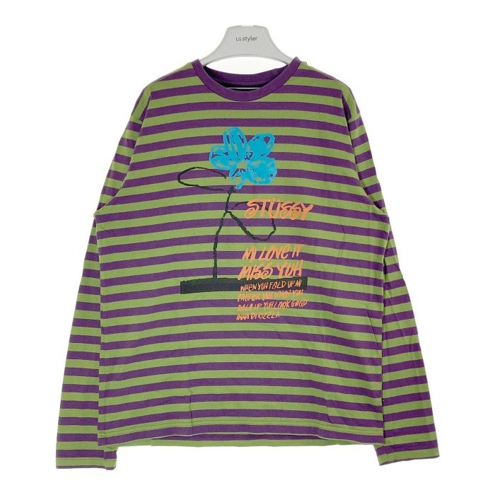 STUSSY ステューシー 1140117 Flower Stripe 長袖Tシャツ ボーダー パープル グリーン sizeL 瑞穂店