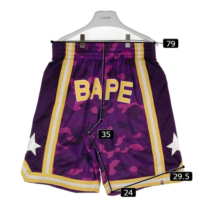 A BATHING APE Camo Wide Basketball Shorts 001SPG301008X ア ベイシング エイプ カモワイドバスケットボールショーツ ショートパンツ ハーフパンツ ゲームショーツ メッシュ 迷彩 カモフラ パープル イエロー sizeM 瑞穂店