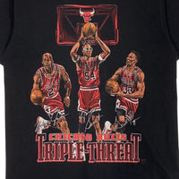 US古着 90's CHICAGO BULLS シカゴブルズ TRIPLE-THREAT プリントTシャツ ジョーダン ピッペン グラント  NUTMEG ブラック Size L 福生店