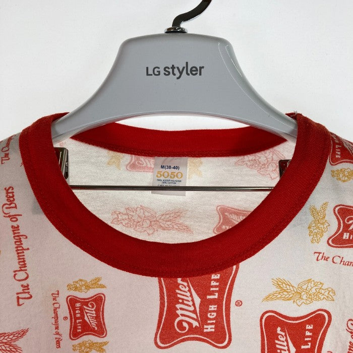 US古着 70’s～80’s MILLER HIGH LIFE ビールメーカー 総柄ロゴ トリムTシャツ レッド sizeM 瑞穂店