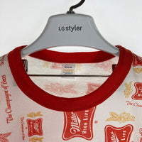 US古着 70’s～80’s MILLER HIGH LIFE ビールメーカー 総柄ロゴ トリムTシャツ レッド sizeM 瑞穂店