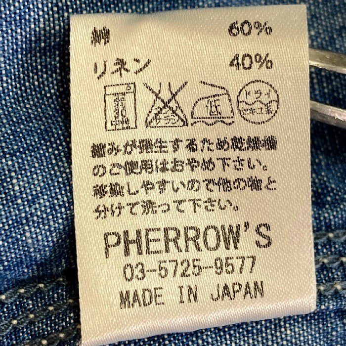 Pherrows フェローズ ラウンドヨーク リネン長袖シャツ 麻混 インディゴ size40 瑞穂店