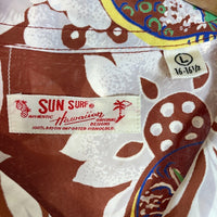 SUN SURF サンサーフ ウクレレ フラワー  半袖 レーヨン アロハシャツ ハワイアンシャツ ブラウン sizeL 瑞穂店