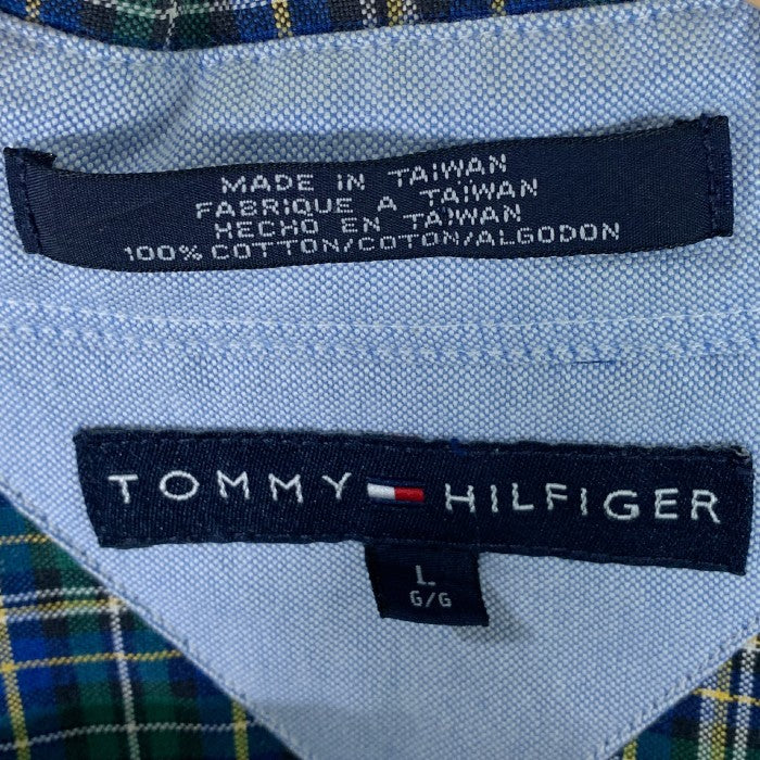 90's TOMMY HILFIGER トミーヒルフィガー ボタンダウン チェックシャツ ワッペン ブルー グリーン Size L 福生店