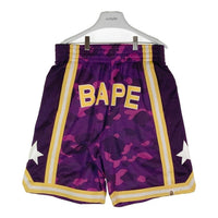 A BATHING APE Camo Wide Basketball Shorts 001SPG301008X ア ベイシング エイプ カモワイドバスケットボールショーツ ショートパンツ ハーフパンツ ゲームショーツ メッシュ 迷彩 カモフラ パープル イエロー sizeM 瑞穂店